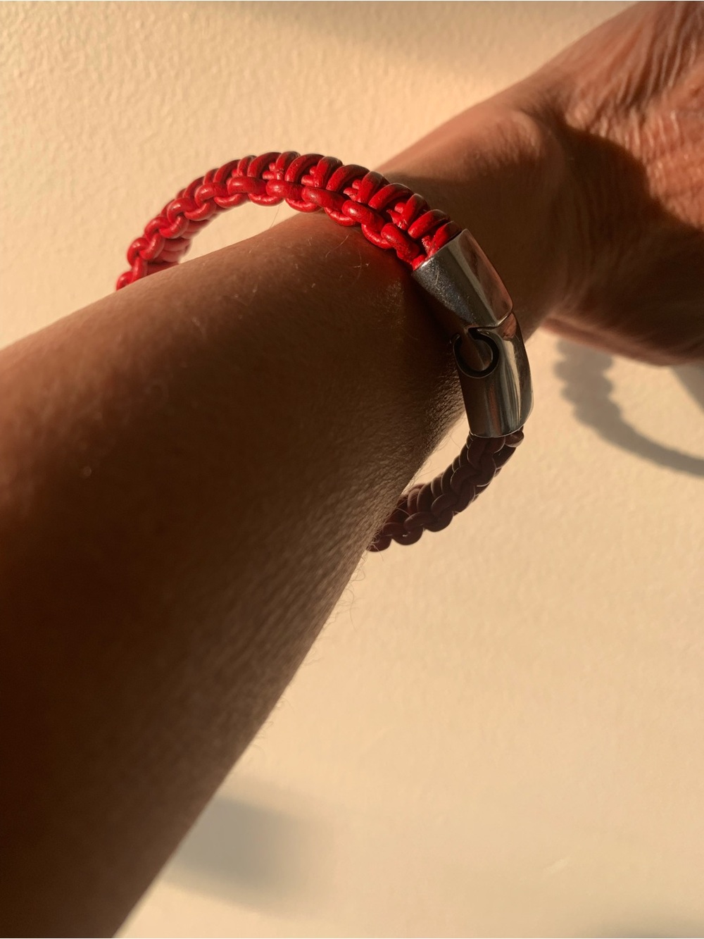 Red Braided Leather Men's Bracelet with Stainless Clasp